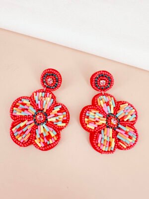 Boucles d’oreilles fleurs rouges brodées à la main