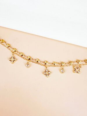 Bracelet double chaîne coeur et motifs strass en acier inoxydable