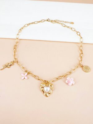 Collier charms coeur et fleurs roses en acier inoxydable