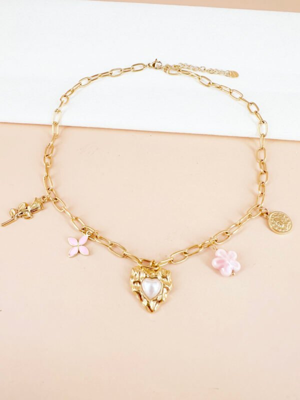 Collier charms coeur et fleurs roses en acier inoxydable