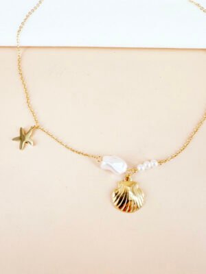 Collier simple pendentifs coquillage et perles en acier inoxydable