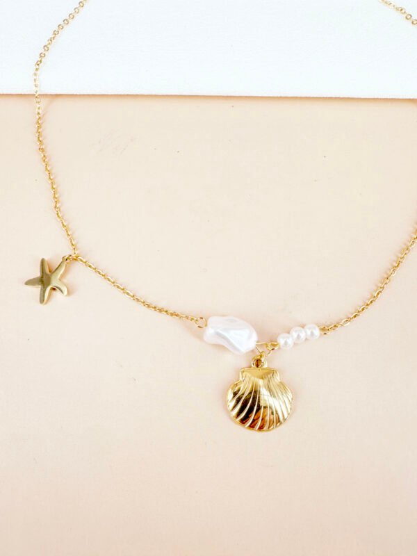 Collier simple pendentifs coquillage et perles en acier inoxydable