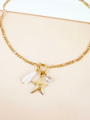 Collier fermoir avec breloques étoiles perles strass en acier inoxydable