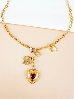 Collier Love fermoir coeur avec pendentif coeur et trèfle en acier inoxydable