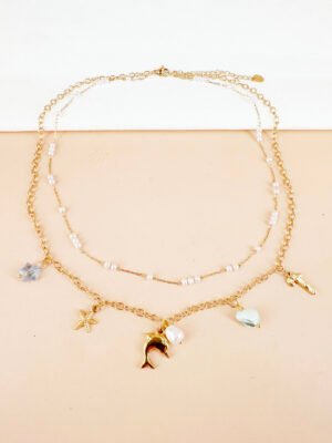 Collier double chaîne perles et charms dauphin en acier inoxydable