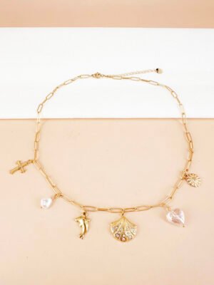 Collier chaîne perles et breloques en acier inoxydable