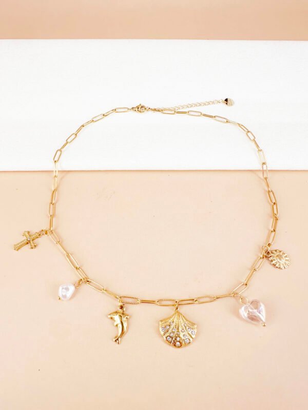 Collier chaîne perles et breloques en acier inoxydable