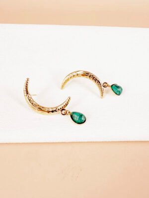 Boucles d’oreilles lune avec pierre verte en acier inoxydable