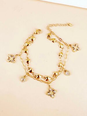 Bracelet double chaîne coeur et motifs strass en acier inoxydable
