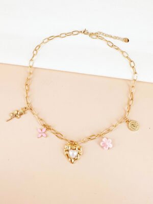 Collier charms coeur et fleurs roses en acier inoxydable