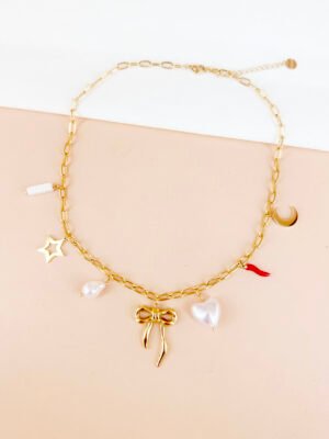 Collier breloques noeud, piment, perles en acier inoxydable