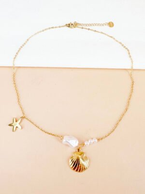 Collier simple pendentifs coquillage et perles en acier inoxydable