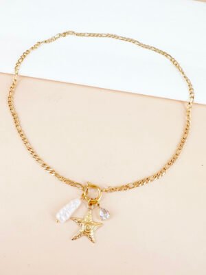 Collier fermoir avec breloques étoiles perles strass en acier inoxydable