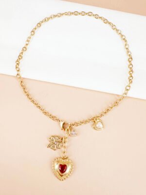 Collier Love fermoir coeur avec pendentif coeur et trèfle en acier inoxydable