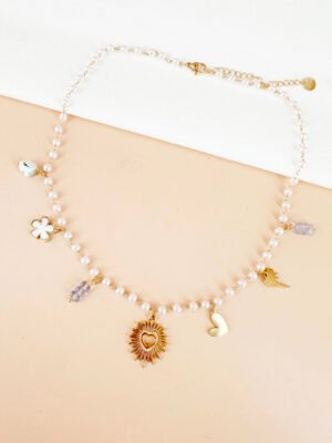 Collier chaîne perles et breloques en acier inoxydable