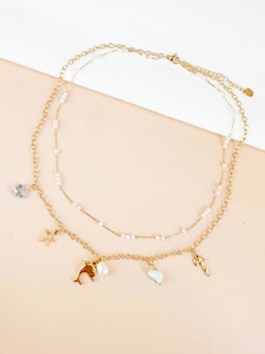 Collier double chaîne perles et charms dauphin en acier inoxydable