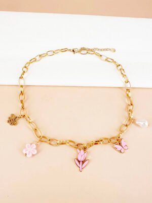 Collier Rose, charms breloques en acier inoxydable