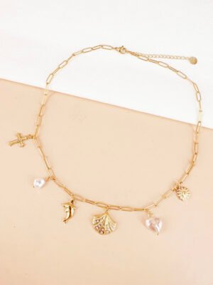 Collier chaîne perles et breloques en acier inoxydable