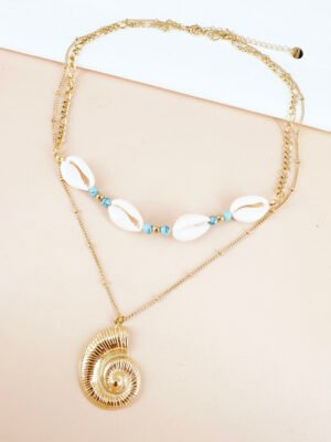 Collier coquillages naturels et pendentif en acier inoxydable