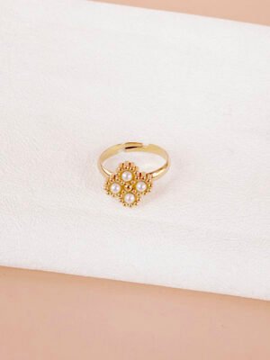 Bague fleurs et perles en acier inoxydable