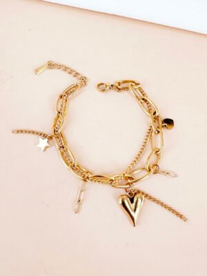 Bracelet multiple chaîne avec breloques coeur étoile en acier inoxydable