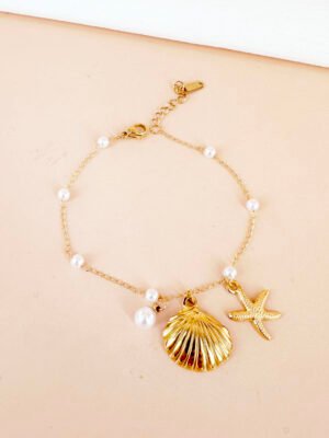 Bracelet perles, coquillage et étoile en acier inoxydable