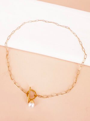Collier chaîne maille avec fermoir perlé en acier inoxydable
