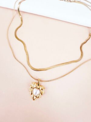 Collier double chaîne et pendentif coeur en acier inoxydable