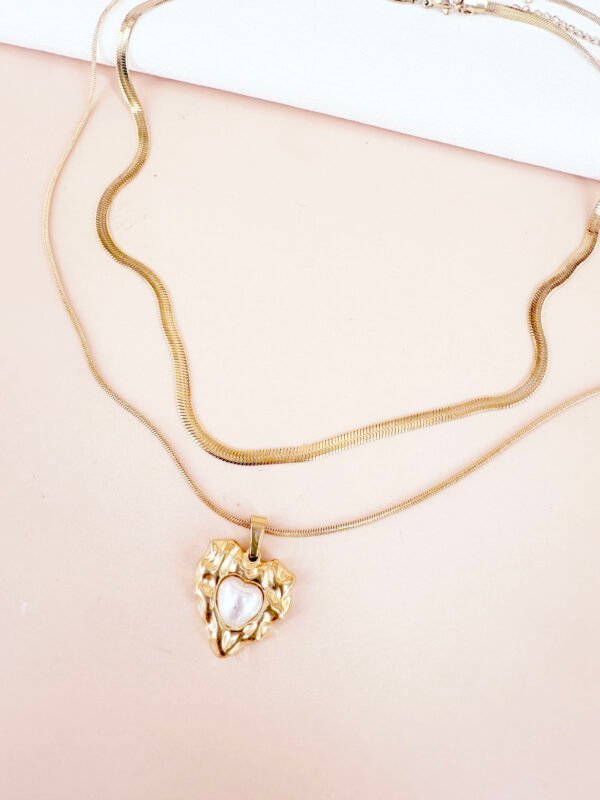 Collier double chaîne et pendentif coeur en acier inoxydable