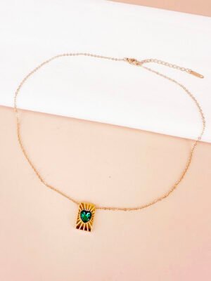 Collier pendentif coeur vert en acier inoxydable