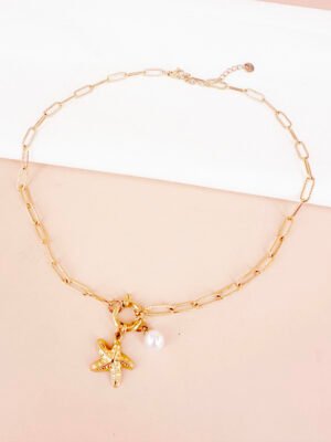 Collier chaîne et fermoir avec breloques étoile et perle en acier inoxydable