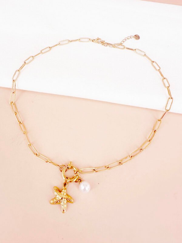 Collier chaîne et fermoir avec breloques étoile et perle en acier inoxydable