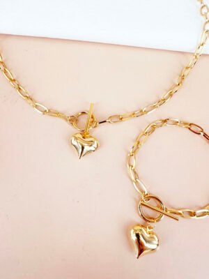 Ensemble collier et bracelet chaîne et fermoir pendentif coeur en acier inoxydable