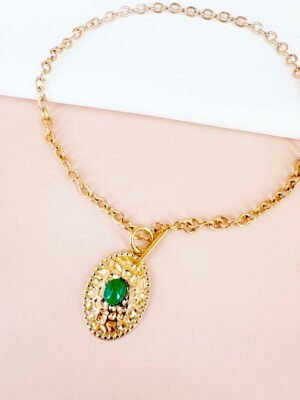 Collier pendentif martelé pierre verte en acier inoxydable
