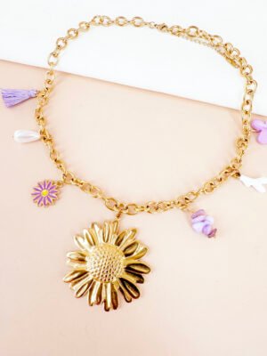 Collier médaillon fleur et charms lilas en acier inoxydable