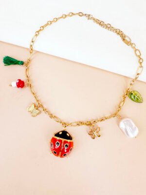 Collier breloques coccinelle en acier inoxydable