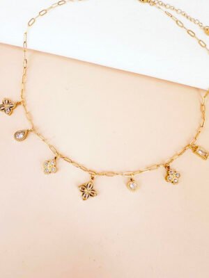 Collier breloques fleurs strass en acier inoxydable