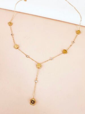 Collier cravate Y avec trèfles et strass en acier inoxydable