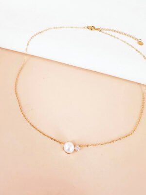 Collier perle et strass en acier inoxydable