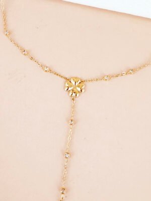 Collier cravate Y avec trèfle et strass en acier inoxydable