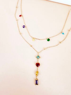 Collier Y avec double chaîne perles et strass colorées en acier inoxydable