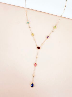 Collier Y cravate avec strass colorés en acier inoxydable