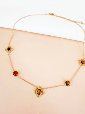 Collier motif fleurs et oeil de tigre en acier inoxydable