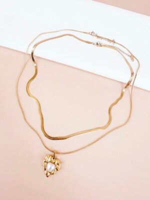 Collier double chaîne et pendentif coeur en acier inoxydable