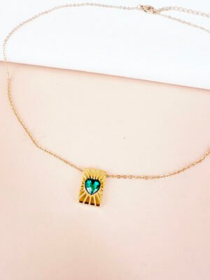 Collier pendentif coeur vert en acier inoxydable