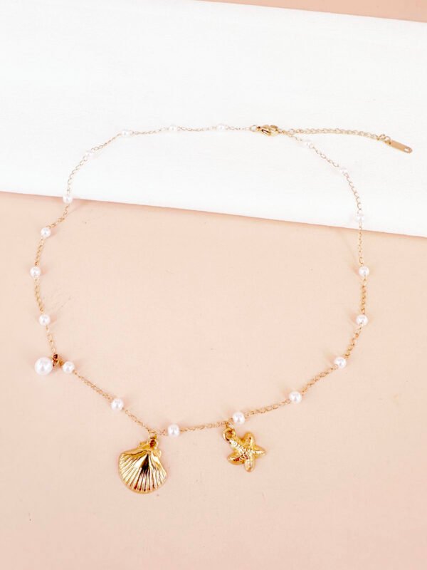 Collier perles avec coquillage et étoile en acier inoxydable – Image 2