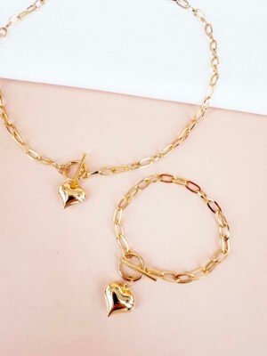 Ensemble collier et bracelet chaîne et fermoir pendentif coeur en acier inoxydable