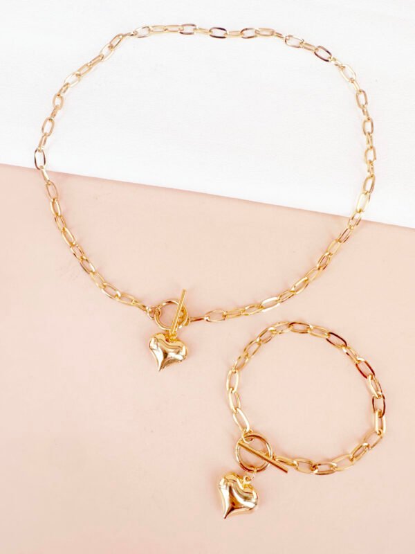 Ensemble collier et bracelet chaîne et fermoir pendentif coeur en acier inoxydable – Image 3