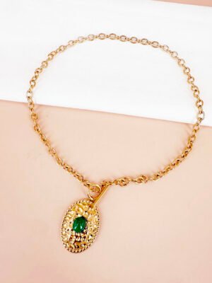 Collier pendentif martelé pierre verte en acier inoxydable