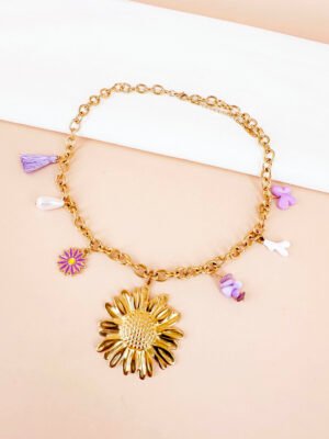 Collier médaillon fleur et charms lilas en acier inoxydable